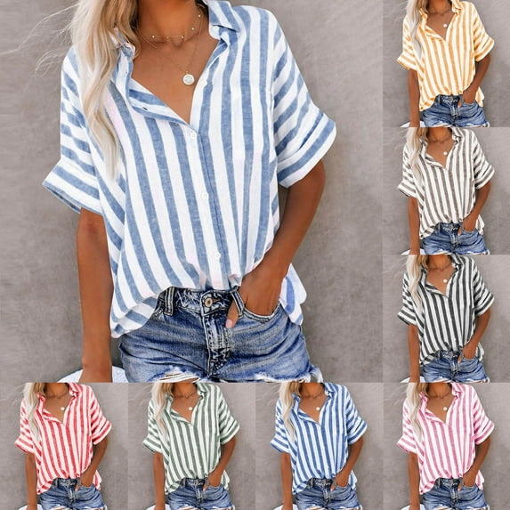 Kmdttou Womens Striped Button Down Shirts for Women Dress Shirts Fashion Casual Short Sleeve Turndown Collar Blouse Shirt Womens Fall Fashion