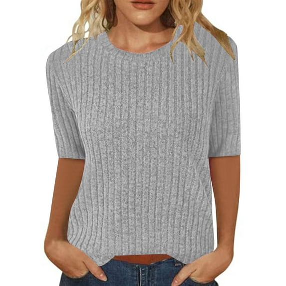 Kmdttou Womens Sweatshirt for Fashion Solid Color Half Sleeves RoundNeck Casual Shirts Pullover Blouse on Clearance!