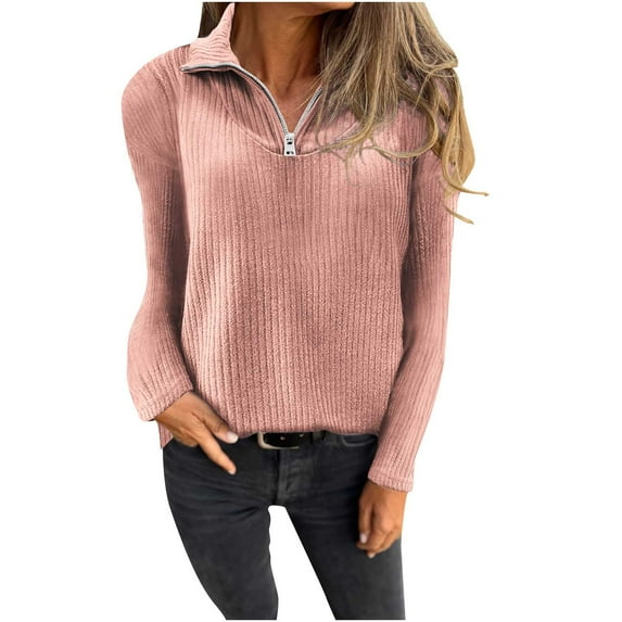 Kmdttou Womens Sweatshirt for New Solid Color V-neck Zipper Long Sleeved Knitted Sweater Top on Clearance!