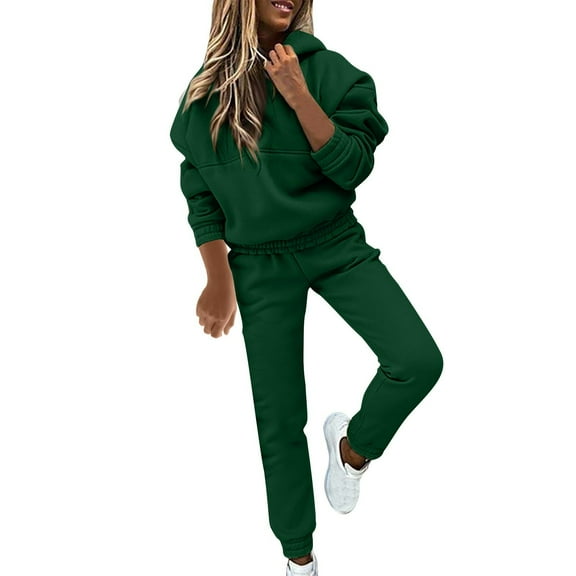 Kmdttou Womens Sweatshirt for Women's Solid Color Casual Pullover Round Neck Long Sleeved Hooded Sweatshirt Long Pants Set on Clearance!