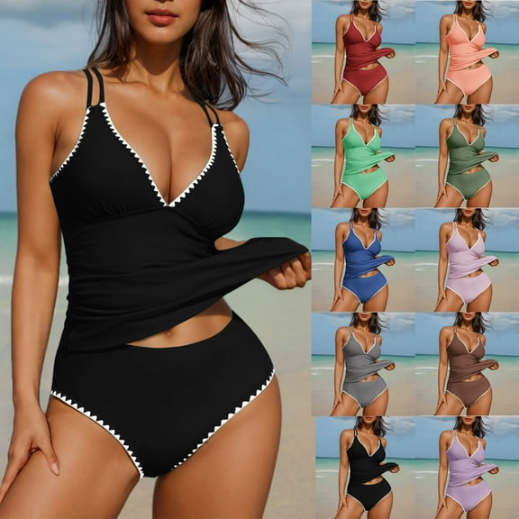 Kmdttou Womens Swimsuits Fashion Women Summer Solid Color With Chest Cushion And No Steel Support Sexy Backless Strap Bikini Swimsuit Summer 65% off Clearance!