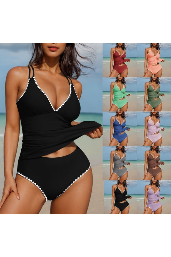 Womens Swimsuits Fashion Women Summer Solid Color With Chest Cushion And No Steel Support Sexy Backless Strap Bikini Swimsuit Summer 65% off Clearance!