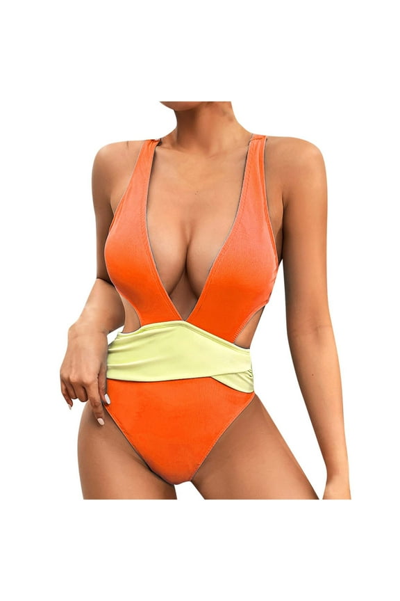 Womens Tanki-ni Bathing Suits Sexy Color Block Swimsuit V-neck Slim Swimsuit Bikini Straped Swimsuits on Clearance!