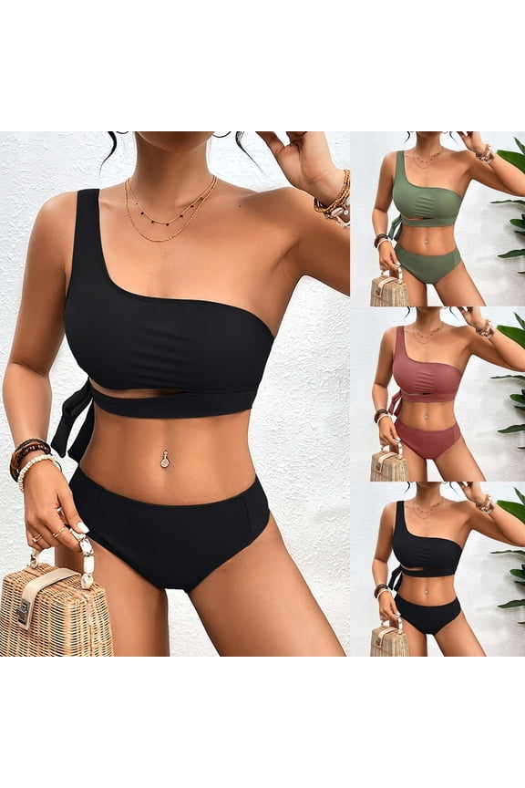Womens Tanki-ni Bathing Suits Sexy Solid Color Swimwear Two-piece Slim Swimsuit Bikini Straped Swimsuits on Clearance!