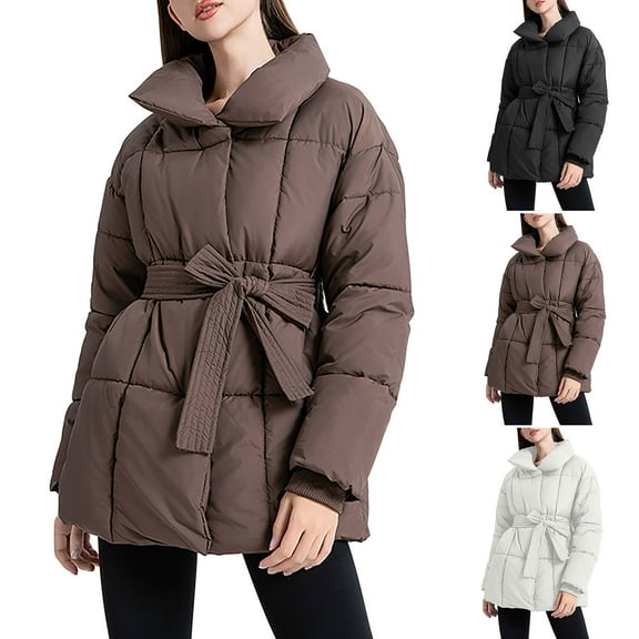 Kmdttou Womens Winter Coats Puffer Jacket Womens Cotton Strap Hooded Pile Collar Fringed Hoodie