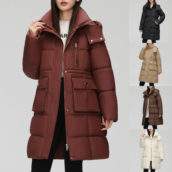Kmdttou Womens Winter Coats Puffer Jacket Womens Long Sleeved Solid Color With Pocket Lapel Cotton Jacket