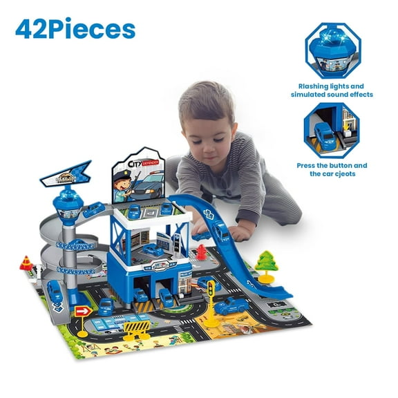 Parking Garage for Toy Car Ramp Playset with Mat & Road Signs, Wheel Track for Kids Christmas Birthday Gifts(Blue)