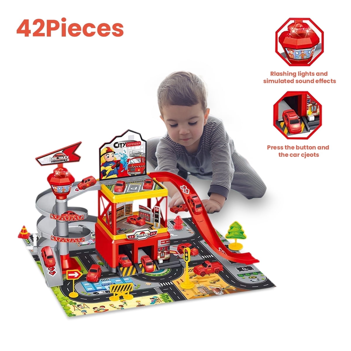 Red Play Car Ramp Parking Garage for Toy Car Ramp Playset with Mat & Road Signs, Wheel ...