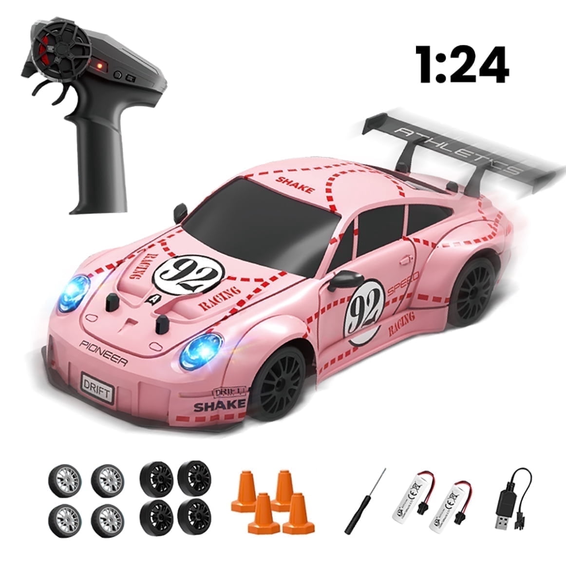 RC Drift Car for Kids with 2 Tires & Batteries, Light up 4WD RC Race Car for Ages 3+ Gifts(Red)