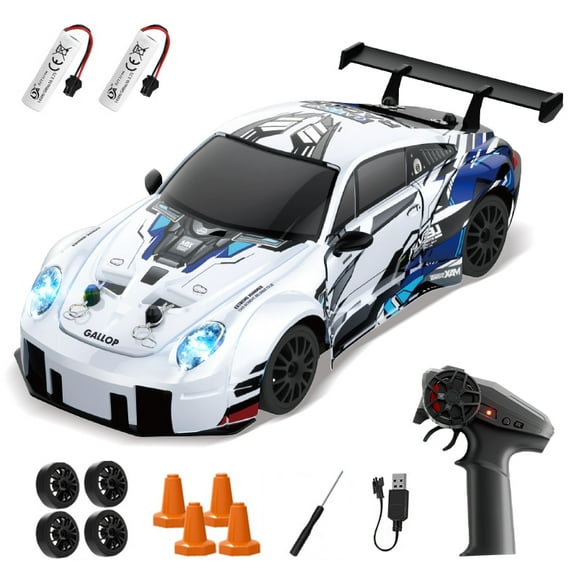RC Drift Car for Kids with 2 Tires & Batteries, Light up 4WD RC Race Car for Ages 3+ Gifts(White)