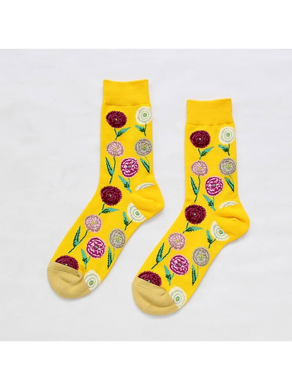 100% Cotton Embroidery Socks, Novelty Cute Crew Socks for Men Women, Winter Fall Mid Calf Knit Socks with Multicolor Patterns, Yellow