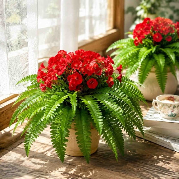 Kmonabie Artificial Flowers Red Fern Leaves Persian Leaves Combination, Realistic Plastic Faux Greenery with Vibrant Blooms, Versatile Home Office Wedding Outdoor Dining Table Decoration for Indoor