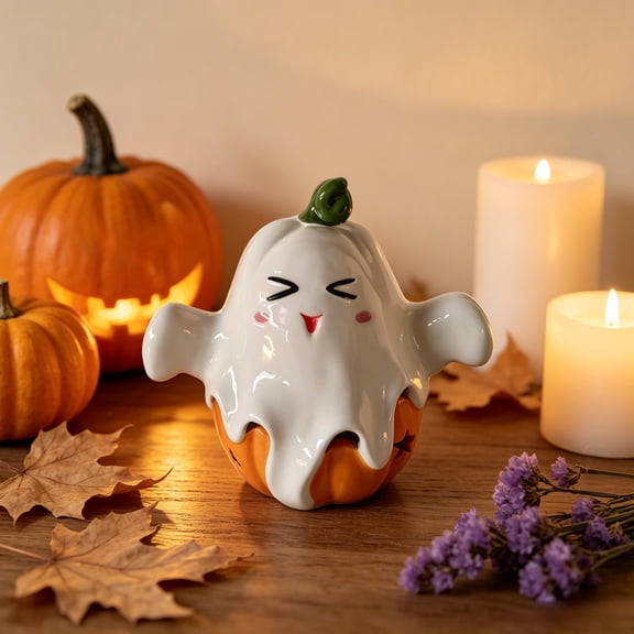 Kmonabie Assorted Hollow Ceramic Ghost Figurines, Star Cutout Tabletop Ornament Cute Spooky, Multi Style Indoor Tiered Tray Home Holiday Decor