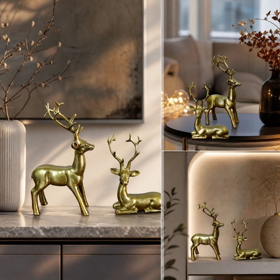Kmonabie Christmas Resin Reindeer Figurine Set Of 2, Resin Golden Deer Statues Standing Lying, Decorative Ornaments for Tabletop Mantel Shelf Decoration