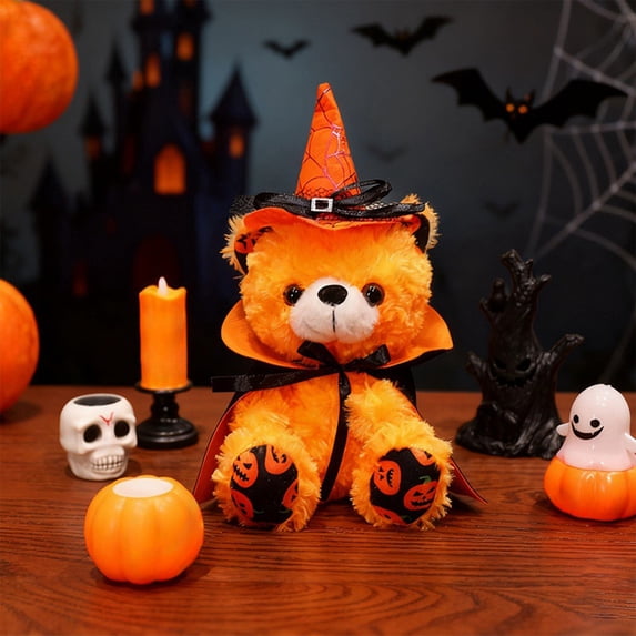 Kmonabie Cute Halloween Teddy Bear with Pumpkin Hat, Whimsical Fall Decorative Ornament, Soft Short Fabric Plush Toy Lint Free Stuffed Bear for Bed Cushion Table