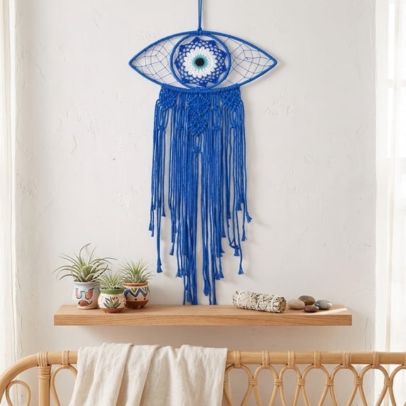 Kmonabie Hand Woven Macrame Wall Hanging, Cotton Tassel Dreamcatcher Boho Home Wall Decor, 3 Colors for Bedroom Living Room Entryway, Blue