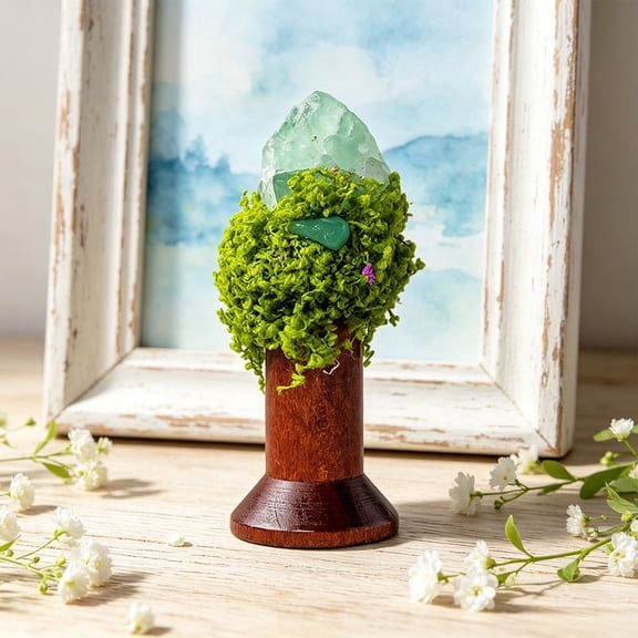 Kmonabie Natural Stone Crystal Ornament, Solid Wood Base Desktop Decoration Mori Stones Magical Wand, Miniature Landscape Home Decor Holiday Gift, Green