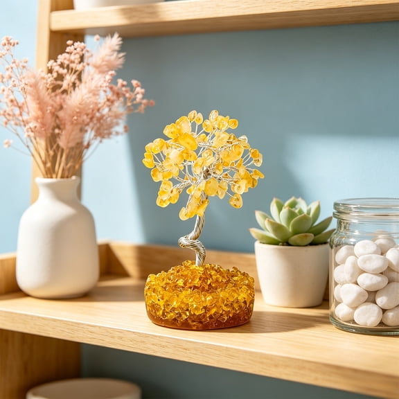 Kmonabie Natural Stone Wealth Tree Ornament, Crystal Money Tree Gravel Base Desktop Office Decor, Feng Shui Prosperity Tree for Home Desk Happiness Gift, Yellow