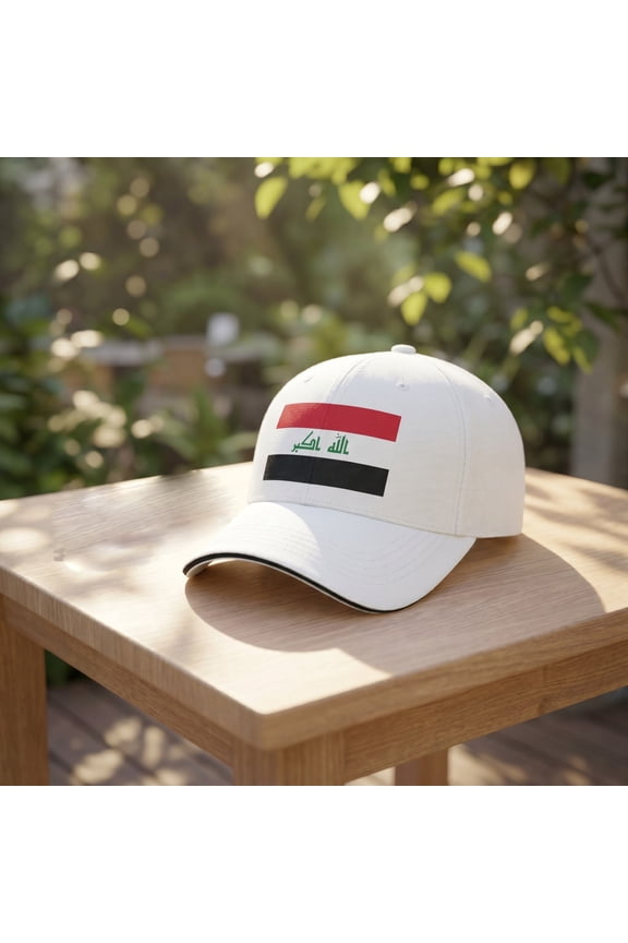 Polyester Baseball Cap Iraq Iraqi Flag Hat, Breathable Sun Protection Adjustable Dad Hat for Outdoor Travel, Packable Curved Brim Headwear with Ventilation Holes, White