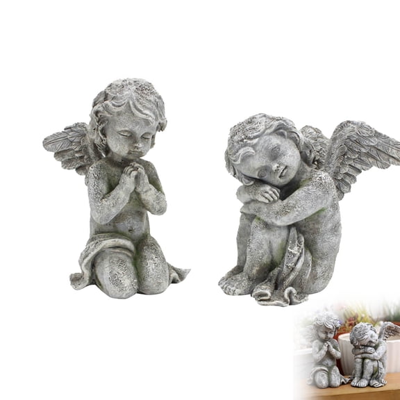 Kmonabie Resin Angel Figurines Set, Antique Finish Garden Statues for Outdoor Bonsai Decor, Praying Meditating Cherub Ornaments for Home Shelf Display, 11.6cm 9.8cm