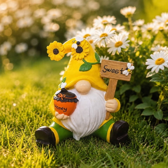 Kmonabie Resin Garden Gnome Ornament Set, 3 Miniature Fairy Gnome Statues with Insect Floral Details, Small Tabletop Planter Decor for Indoor Outdoor Fairy Garden Scene, Yellow