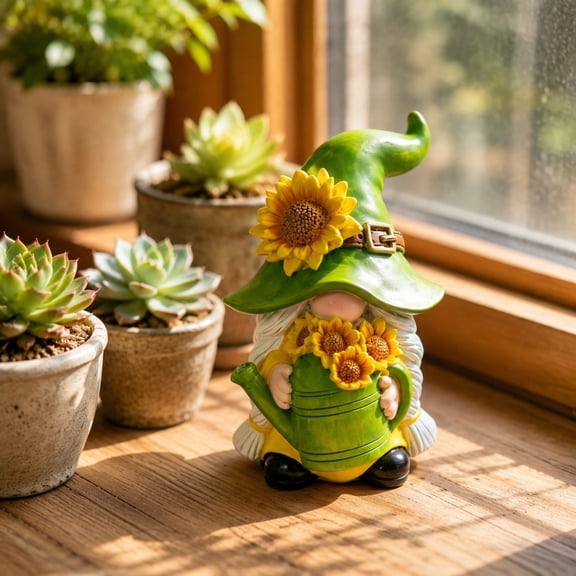 Kmonabie Resin Sunflower Gnome Figurine, Garden Statue Decor for Indoor Outdoor Tabletop, Watering Can Holding Miniature Ornament with Flat Base