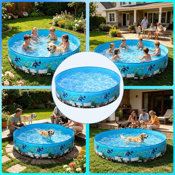 Kmonabie Round Foldable Kiddie Pool, No Inflatable Hard Plastic Swimming Pool with Print, Large Portable Pet Bath Tub for Outdoor Garden Backyard Summer Water Play