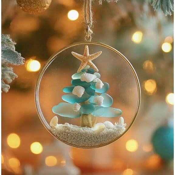Kmonabie Sea Glass Christmas Tree Ornament, Handmade Shell Tree Pendant with Sand Base, Coastal Beach Decor for Family Gatherings Holiday Gift Giving