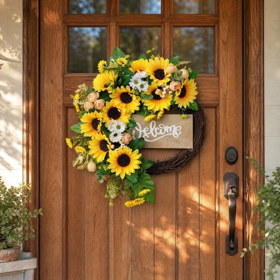 Kmonabie Simulation Sunflower Wreath Wall Hanging, Spring Summer Home Decoration with Realistic Plastic Leaves, Bright Yellow Artificial Floral Garland for Front Door Party
