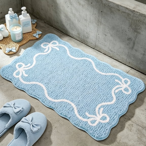 Kmonabie Soft Absorbent Bath Mat Bow Knot Non Slip Bathroom Floor Rug, Plush Faux Chenille Bath Mat for Bedroom Home Decor, 40x60cm Quick Drying Kitchen Entryway Rug