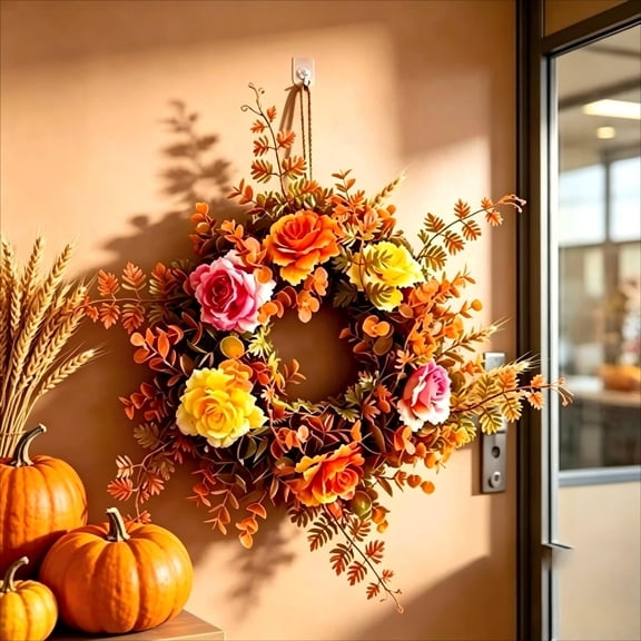 Kmonabie Thanksgiving Wreath with Eucalyptus Roses, Orange Fall Door Decor for Harvest Home, Durable Weather Resistant Artificial Floral Arrangement for Outdoor Porch Wall Window Fireplace