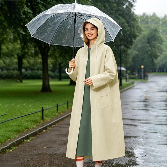 Kmonabie Thick Long Color Block Raincoat, Waterproof Hooded Poncho with Snap Buttons, Heavy Duty Rain Jacket for Commuting Hiking Walking Breathable Loose Fit, Beige