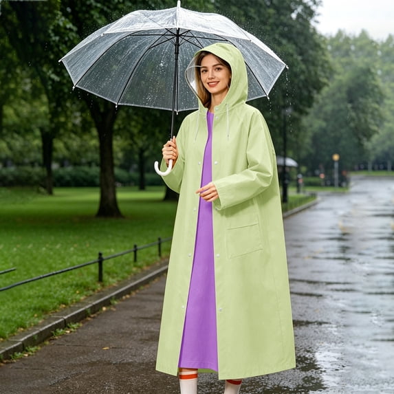 Kmonabie Thick Long Color Block Raincoat, Waterproof Hooded Poncho with Snap Buttons, Heavy Duty Rain Jacket for Commuting Hiking Walking Breathable Loose Fit, Green