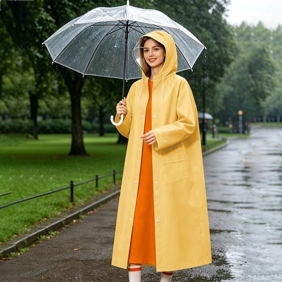 Kmonabie Thick Long Color Block Raincoat, Waterproof Hooded Poncho with Snap Buttons, Heavy Duty Rain Jacket for Commuting Hiking Walking Breathable Loose Fit, Orange