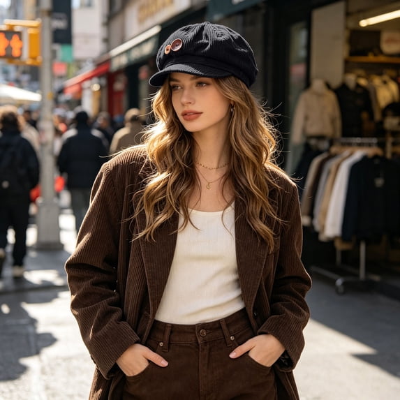 Kmonabie Winter Corduroy Octagonal Hat, Vintage Wood Button Newsboy Cap Painter Beret, Adjustable Soft Casual Headwear for Daily Wear, Black