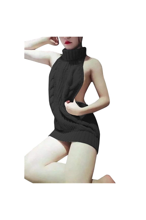 Women Sexy Backless Sleeveless Turtleneck Pullover Knit Sweater Cosplay Dress