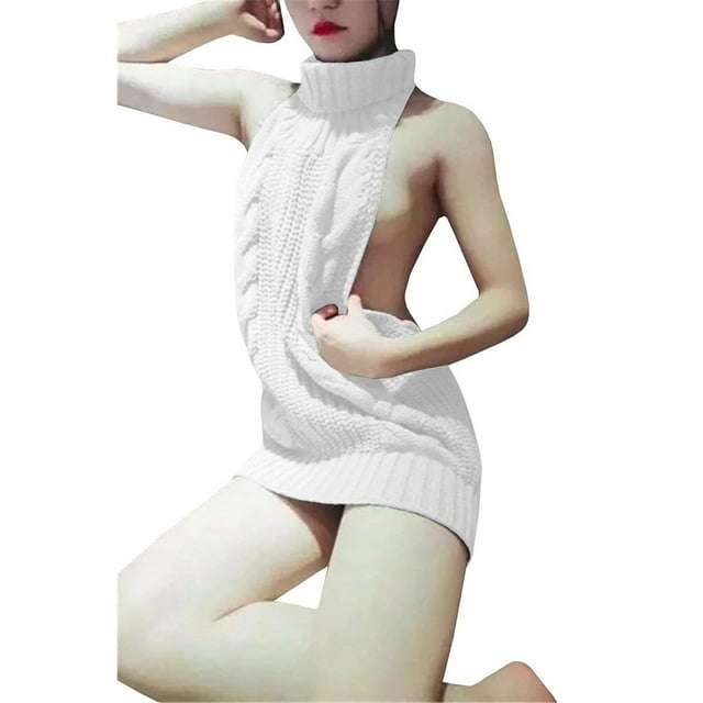 Kmxyo Women Sexy Backless Sleeveless Turtleneck Pullover Knit Sweater Cosplay Dress