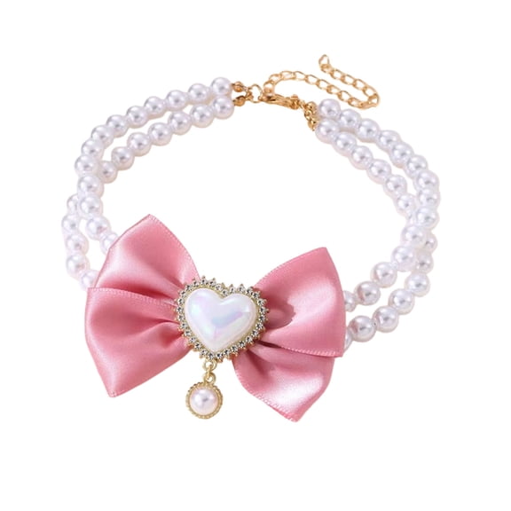Kna Dog Cat Pearls Necklace Collar with Bling Accessories and Ribbon Bow Pet Puppy Jewelry for Female Dogs Cats Small Medium (S, Pink)