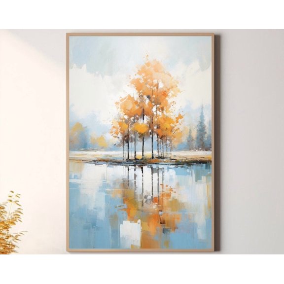 Kna Prints - 1 Pc Poster Autumn Tree River Painting Soft Beige, Orange & Blue Landscape Art Shabby Chic Wall Art Tranquil Home Decor, UNFRAMED-8x12