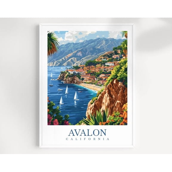 Kna Prints - 1 Pc Poster Avalon California Travel Print Wall Artillustrated Coastal Island , Catalina Harbor Scene, West Coast Decor, UNFRAMED-8x12