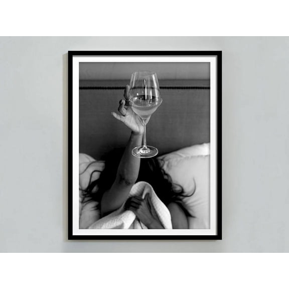 Kna Prints - 1 Pc Poster Bar Cart Print, Woman Drinking Wine In Bed , Black And White, Alcohol Wall Art, Teen Girl Room Decor, Bar Wall Art,, UNFRAMED-12x18