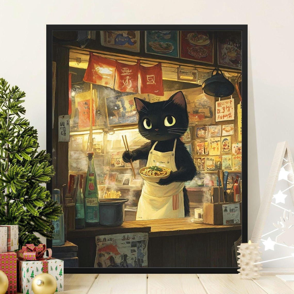 black cat chef art print: boho kitchen cooking poster... Kna Prints - 1 Pc Poster Black Cat Chef , Japanese Ramen Art Print ...