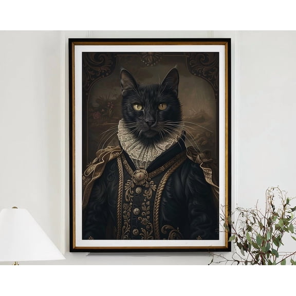 Kna Prints - 1 Pc Poster Black Cat Royal Renaissance Portrait Vintage Print Victorian Animal Portrait Decor Altered Painting Large Wall Art #2167 Decor For Living Room Bedroom,, UNFRAMED-8x12