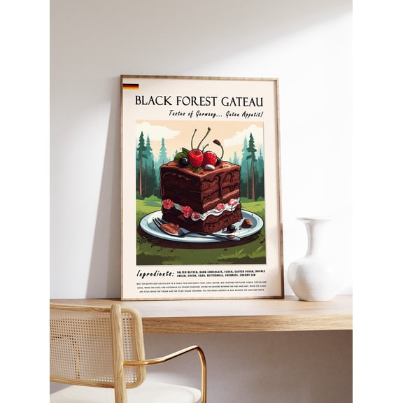 Kna Prints - 1 Pc Poster Black Forest Gateau Food , German Food Print, Dessert Print, Travel , Kitchen Decor, Food Art, Food And Drink , Food Gift, UNFRAMED-8x12