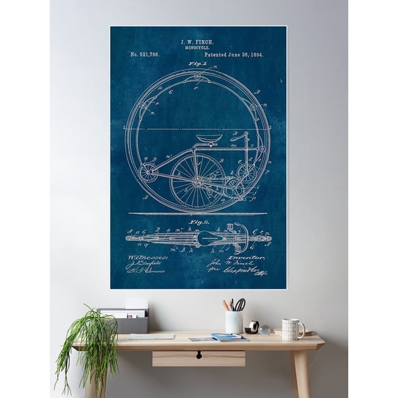 Kna Prints - 1 Pc Poster Blueprint Monocycle Patent, UNFRAMED-12x18