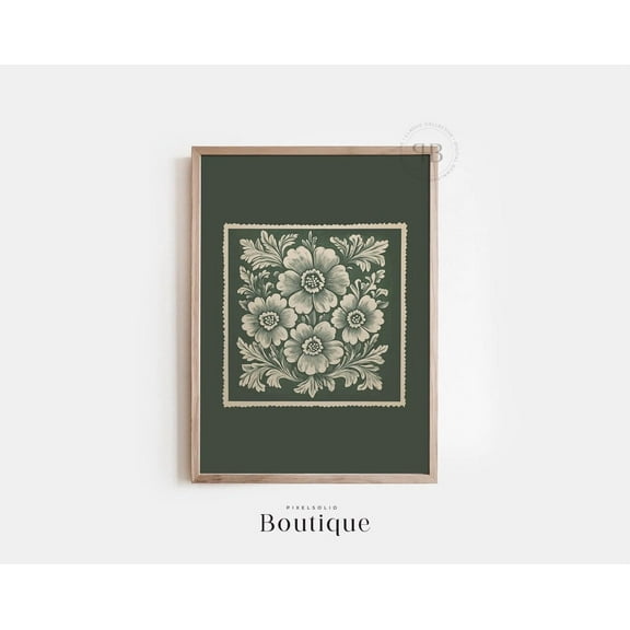 Kna Prints - 1 Pc Poster Botanical Floral Block Print Wall Art, Dark Green Flower Artwork, Printable Home Decor, Vintage Style Illustration, No.629, UNFRAMED-8x12