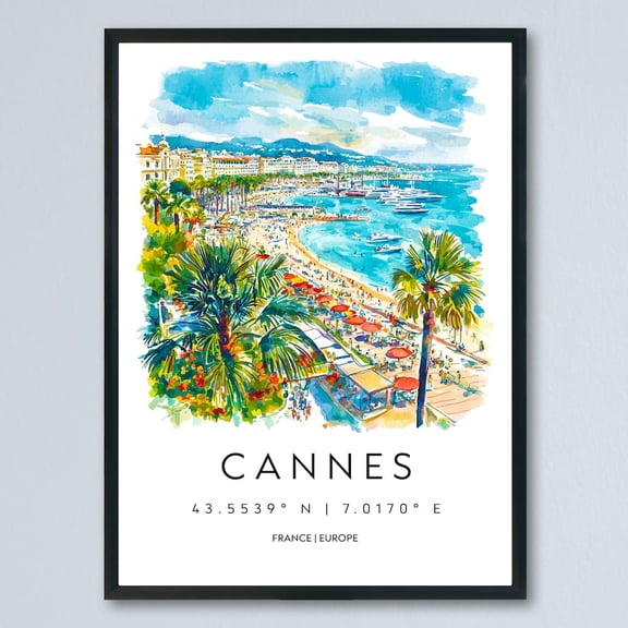 Kna Prints - 1 Pc Poster Cannes Watercolor Poster Cannes Travel France Wall Art Cannes Decor Riviera Scene Beach View French Coast City Landscape , UNFRAMED-16x24
