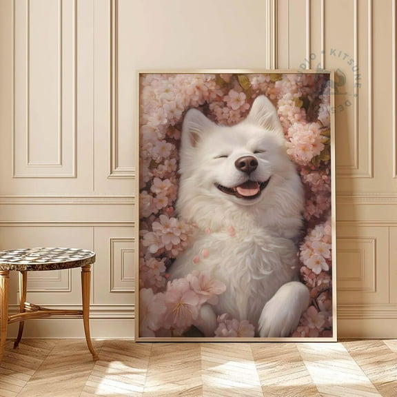 Kna Prints - 1 Pc Poster Cherry Blossom Samoyed Dog Wall Art, Happy Fluffy Dog Lover Gift, Sakura Dopamine Decor Print, Cute Whimsical Pet Owner Wall Art, UNFRAMED-8x12