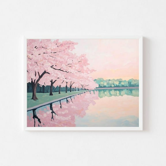 Kna Prints - 1 Pc Poster Cherry Blossom Trees Landscape Painting Spring Washington Dc Wall Art Print Floral Tidal Basin Girly Flower Wall Art, UNFRAMED-8x12