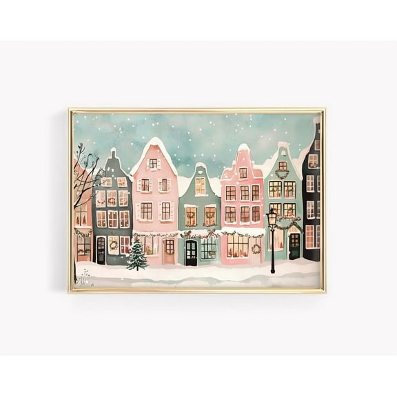 Kna Prints - 1 Pc Poster Christmas Houses Painting, Pastel Christmas Village Wall Art, Winter Town Printable, Cozy Christmas Home Decor, Pink Christmas Art Print, UNFRAMED-8x12